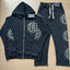 Mixed Emotion Rhinestone Sun Logo Zip‑Up Hoodie Tracksuit Set