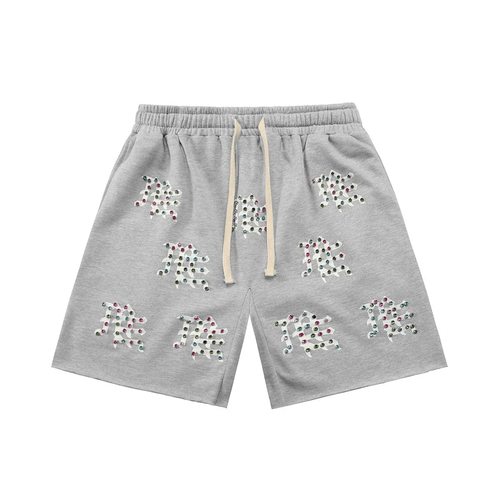 Mixed Emotion Casual Shorts – Rhinestone Gothic Letter Print