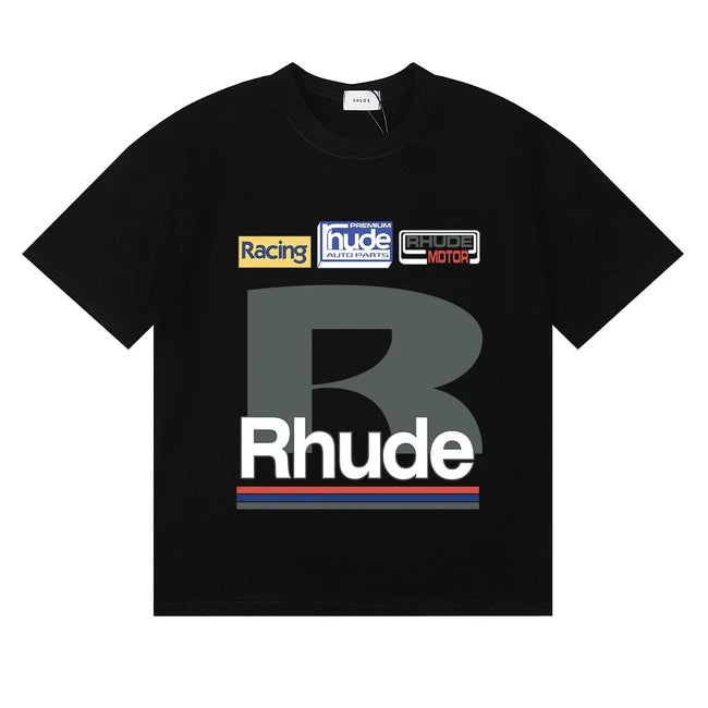 Rhude Big B Letter Racing Badge Patch‑Style Black Oversized T‑Shirt Hover Image