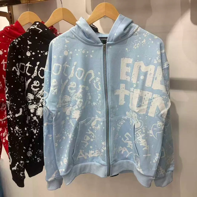 Mixed Emotion Splatter Graffiti Full‑Zip Hoodie Hover Image