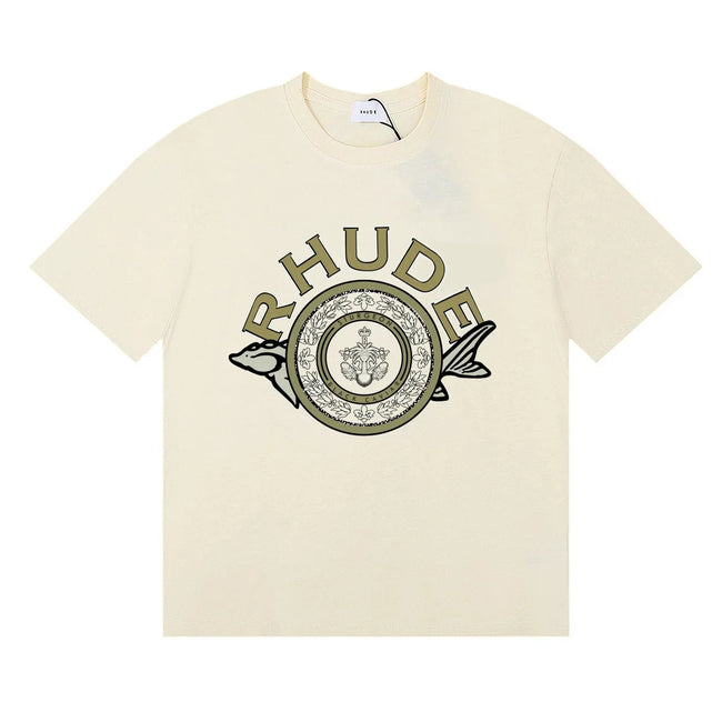 Rhude Ornate Crest Circular Emblem Vintage Cream Oversized T‑Shirt Hover Image