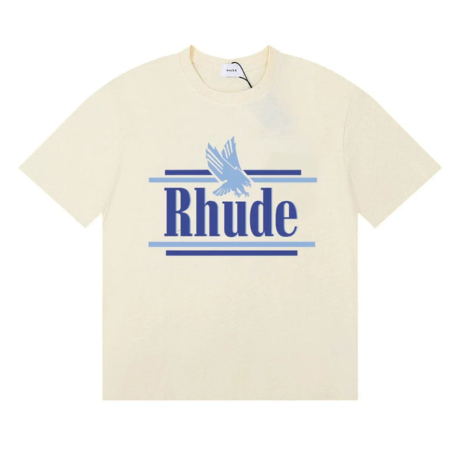 Rhude Eagle Graphic Blue Logo Cream Oversized T‑Shirt Hover Image
