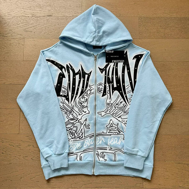 Mixed Emotion Light Blue Zip Hoodie – Black Art Print Hover Image
