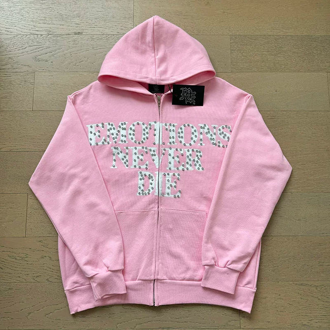 Mixed Emotion Emotions Never Die Rhinestone‑Effect Zip‑Up Hoodie Main Image