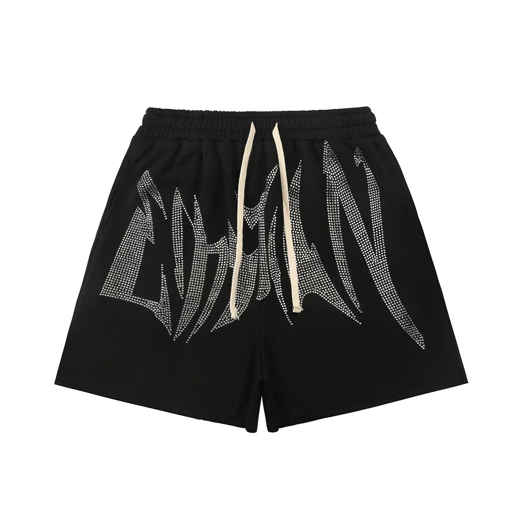 Mixed Emotion Black Shorts – White Rhinestone Art Letter Print