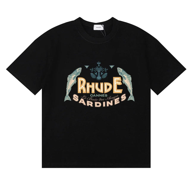 Rhude Cannes Sardines Fish Retro Nautical Black Oversized T‑Shirt Hover Image