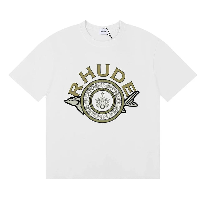 Rhude Ornate Crest Circular Emblem Vintage White Oversized T‑Shirt Hover Image