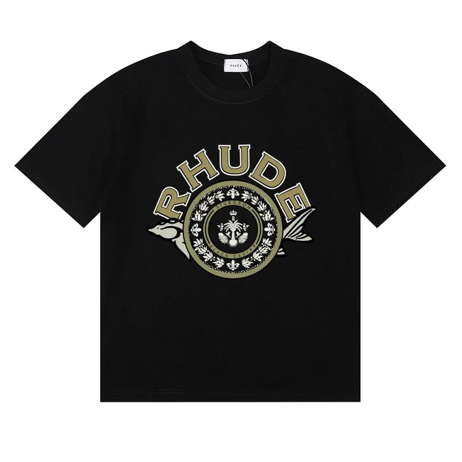 Rhude Ornate Crest Circular Emblem Vintage Black Oversized T‑Shirt Hover Image