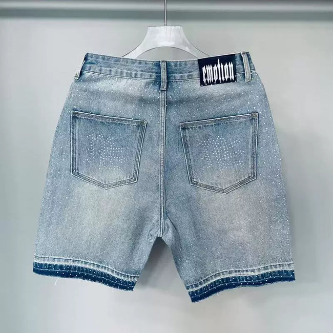 Mixed Emotion Washed Denim Shorts – White Rhinestone Print Main Image