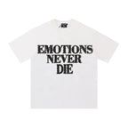 Mixed Emotion White Tee – Studded Emotions Never Die Back Print