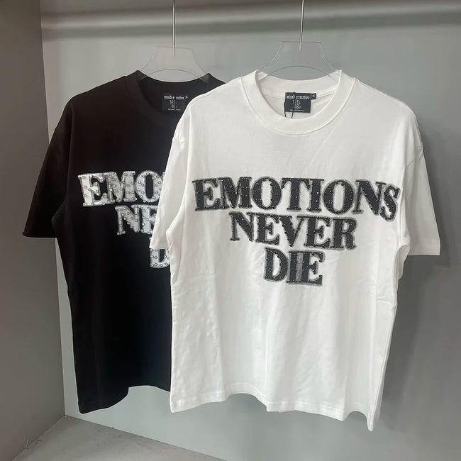 Mixed Emotion White Tee – Studded Emotions Never Die Back Print Main Image