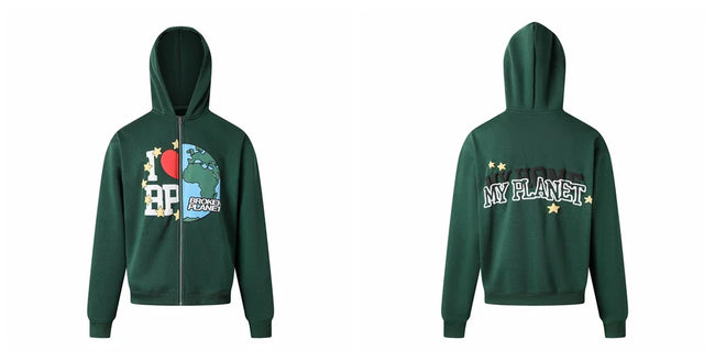 Broken Planet I Love BP Forest Green Zip Hoodie Hover Image