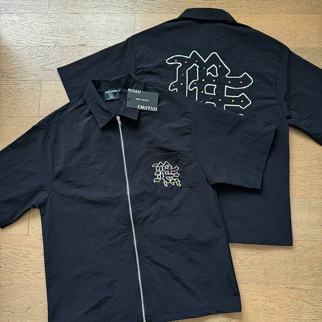 Mixed Emotion Rhinestone Graphic Zip‑Up Shirt & Shorts Set Main Image