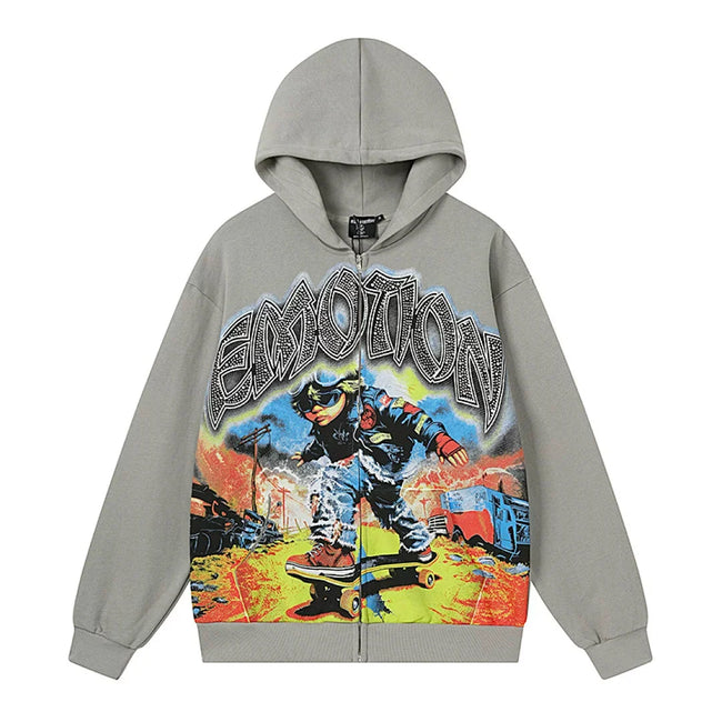 Mixed Emotion Skater Boy Graphic Zip‑Up Hoodie Hover Image