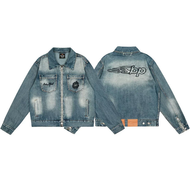 Broken Planet Flame BP Logo Washed Zip Denim Jacket Hover Image