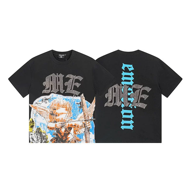 Mixed Emotion Black Tee – Gothic Cross Cupid Rhinestone Print Hover Image