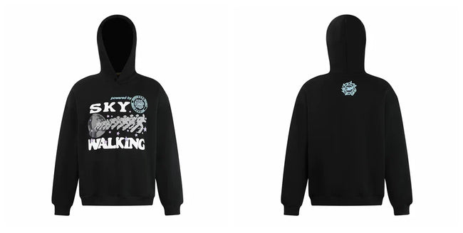Broken Planet Sky Walking Black Oversized Graphic Hoodie Hover Image