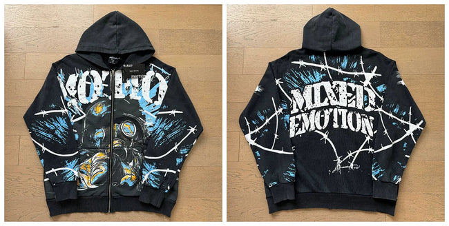 Mixed Emotion Black Zip Hoodie – White Skull Graffiti Print Hover Image
