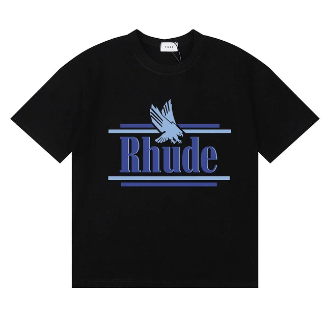 Rhude Eagle Graphic Blue Logo Black Oversized T‑Shirt Hover Image