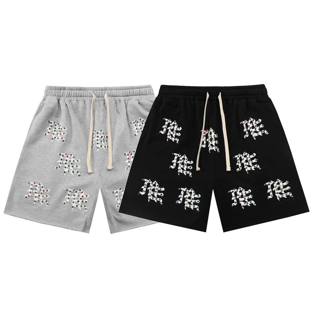 Mixed Emotion Casual Shorts – Rhinestone Gothic Letter Print