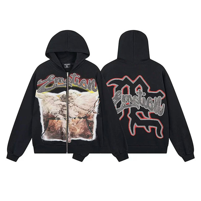 Mixed Emotion Black Zip Hoodie – Emotion Angel Vintage Print Hover Image