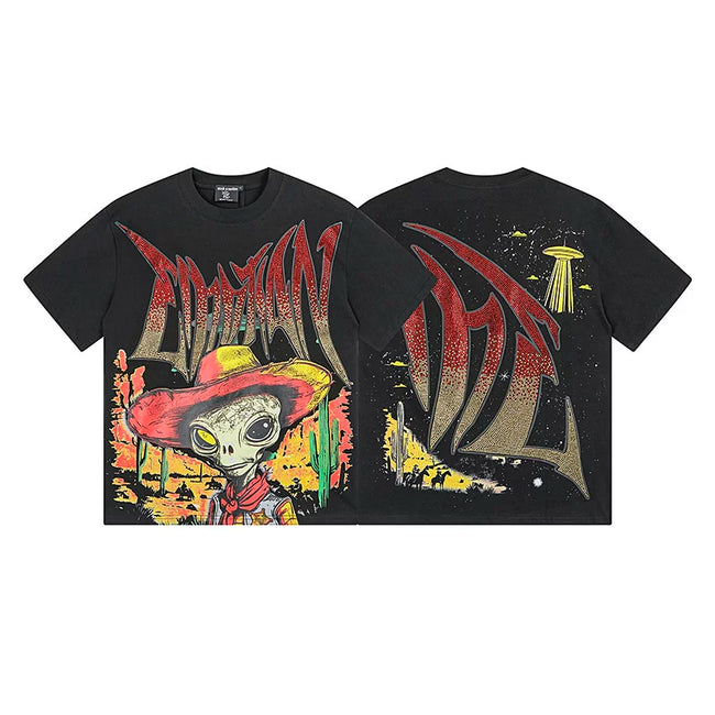 Mixed Emotion Black Tee – Western Alien Cowboy UFO Print Hover Image