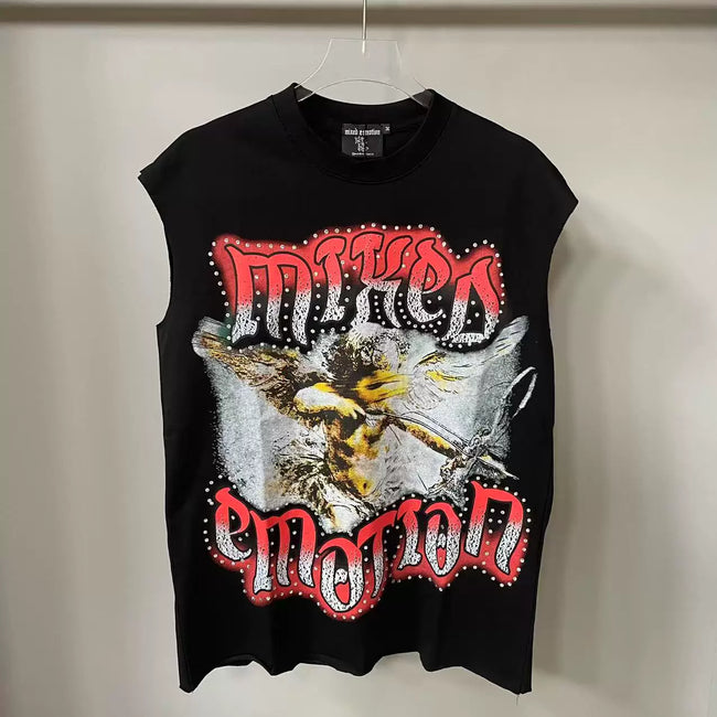 Mixed Emotion Black Tank Top – Studded Mixed Emotion Angel Print Hover Image