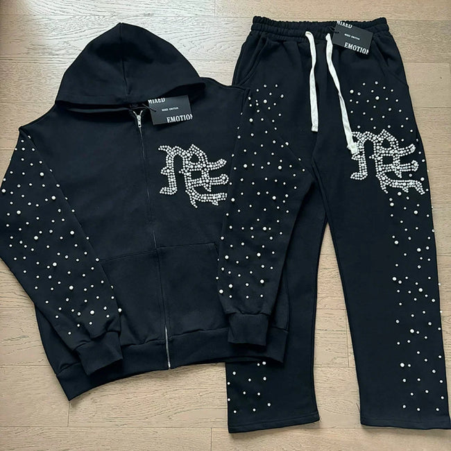 Mixed Emotion Rhinestone Logo Zip‑Up Hoodie Tracksuit Set Hover Image