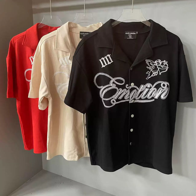 Mixed Emotion Short Sleeve Shirt – White Embroidered Emotion Print Main Image