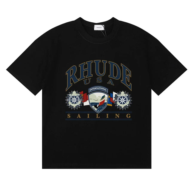 Rhude Arch Logo Sailing Wheel‑Flag Print Crew Neck Casual T‑Shirt Hover Image