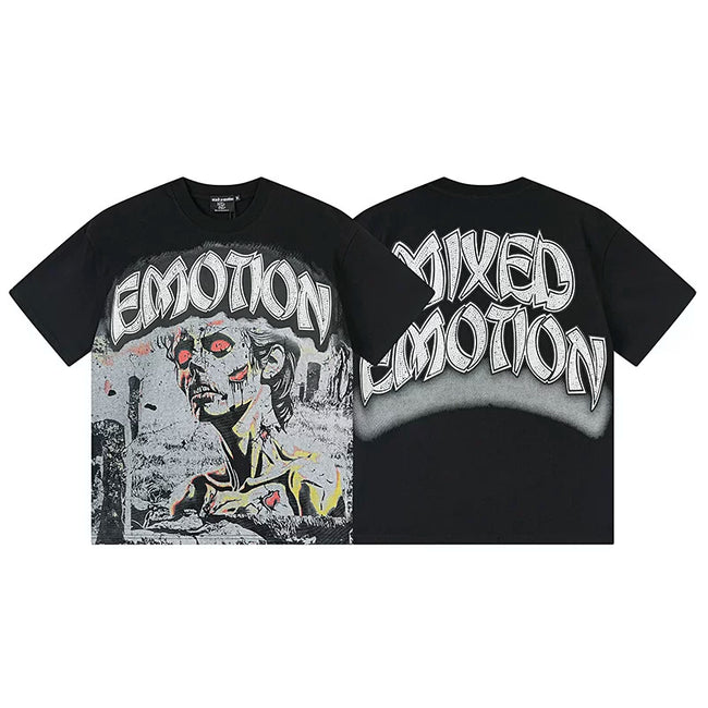 Mixed Emotion Black Tee – Red Eye Scars Emotion Graffiti Print Hover Image