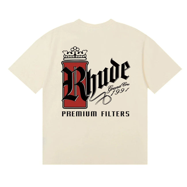 Rhude Crown Premium Filters Gothic Logo Cream Oversized T‑Shirt Hover Image