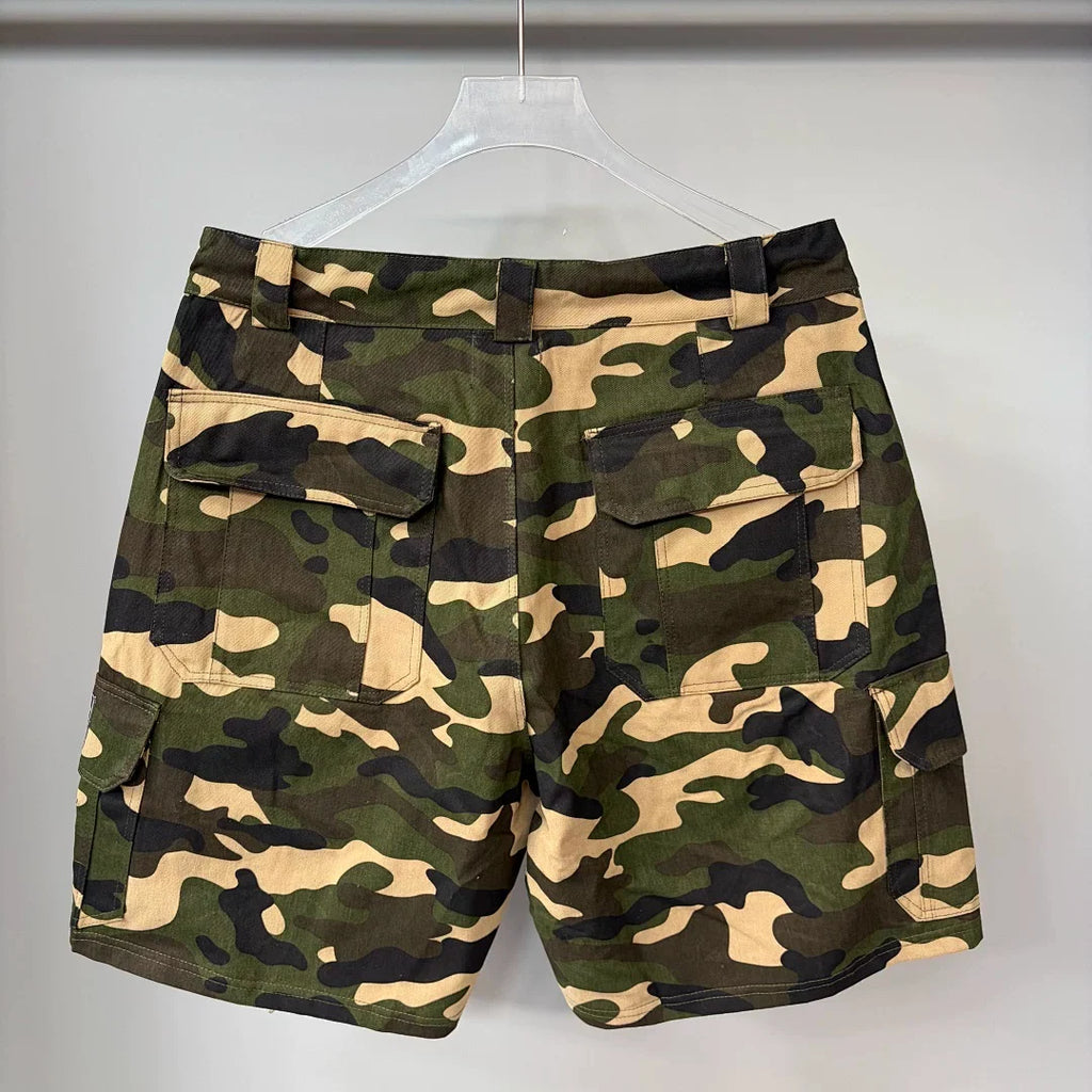 Mixed Emotion Camo Multi‑Patch Cargo Shorts