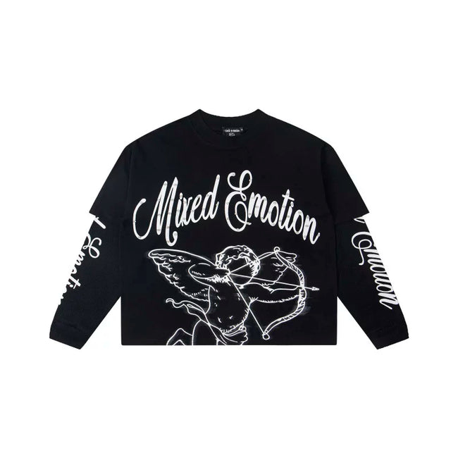 Mixed Emotion Black Long Sleeve Two-Layer Pullover – Cupid Mixed Emotion Print Hover Image