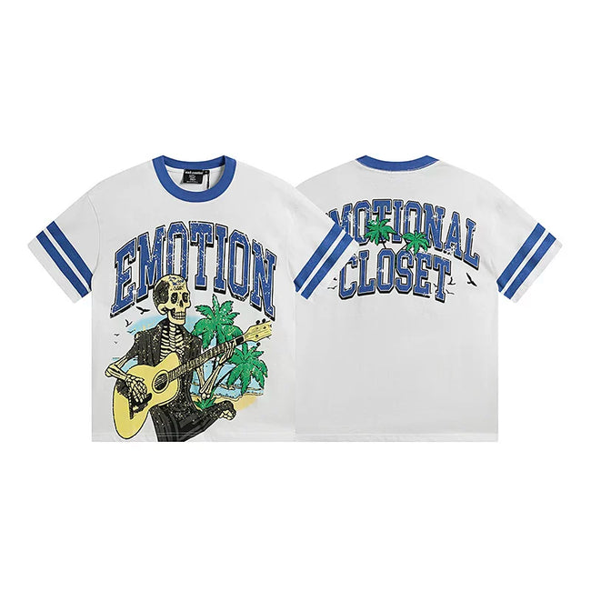 Mixed Emotion White Tee – Blue Collar Skull Guitar Print Hover Image