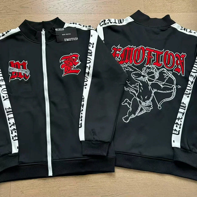 Mixed Emotion Cupid Angel Print Zip‑Up Track Jacket Main Image