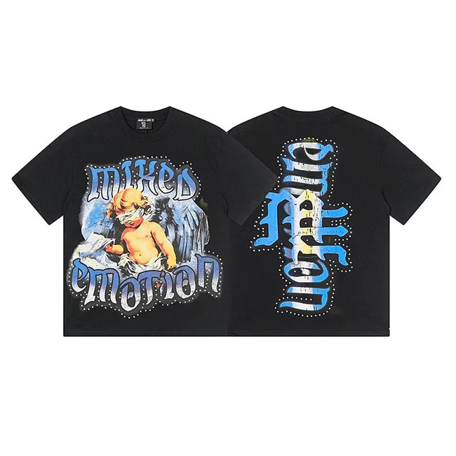Mixed Emotion Black Tee – Studded Blindfolded Angel Gothic Print Hover Image
