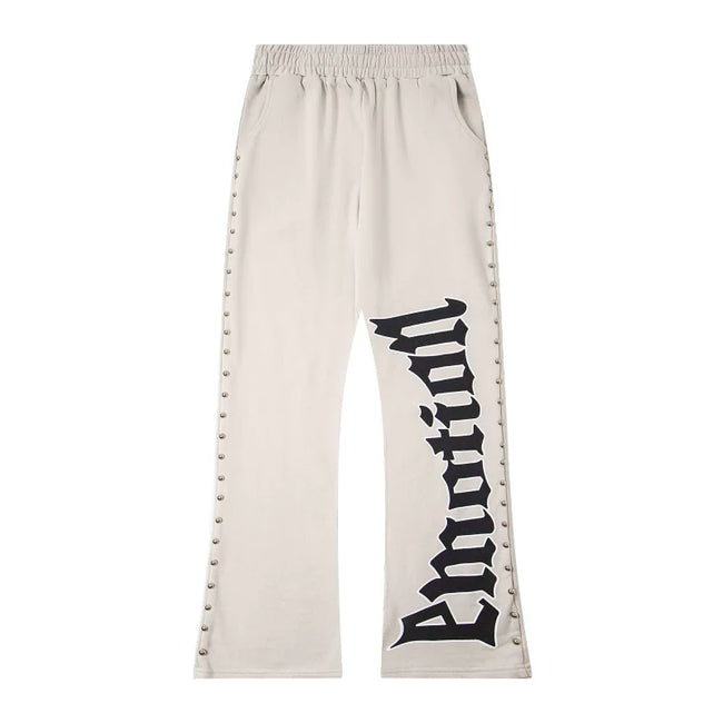 Mixed Emotion Studded Flare‑Leg Graphic Sweatpants Hover Image