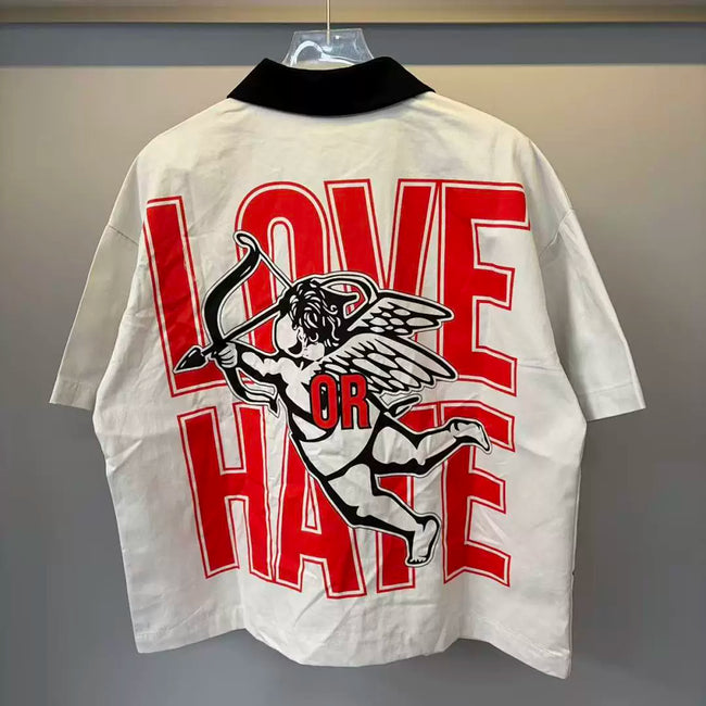 Mixed Emotion Cupid Graphic Zip‑Up Short Sleeve Shirt Main Image