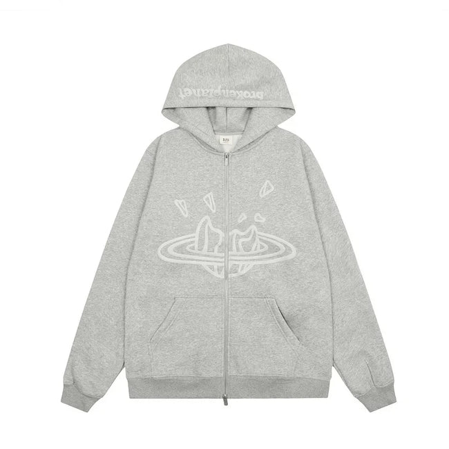 Broken Planet Cracked Planet Zip Up Hoodie - Heather Grey Hover Image