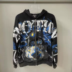 Mixed Emotion Black Zip Hoodie – Blue Yellow Graffiti Portrait Print