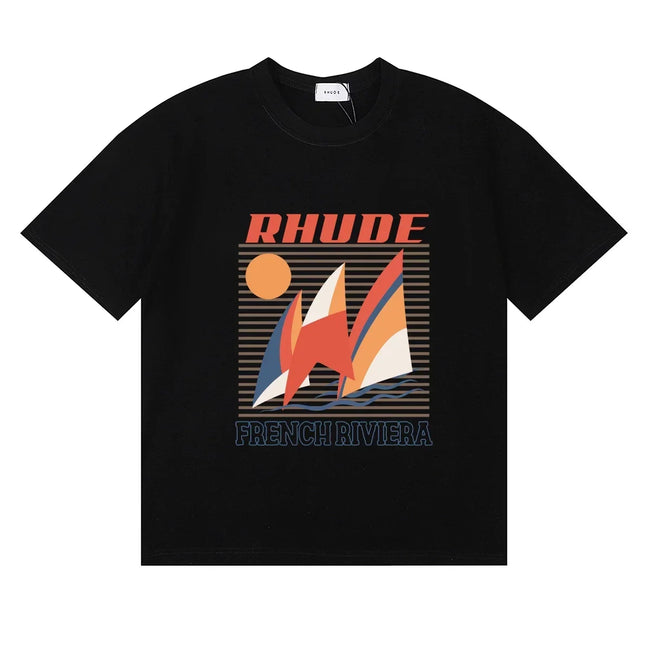 Rhude French Riviera Sailboat Retro Summer Black Oversized T‑Shirt Hover Image