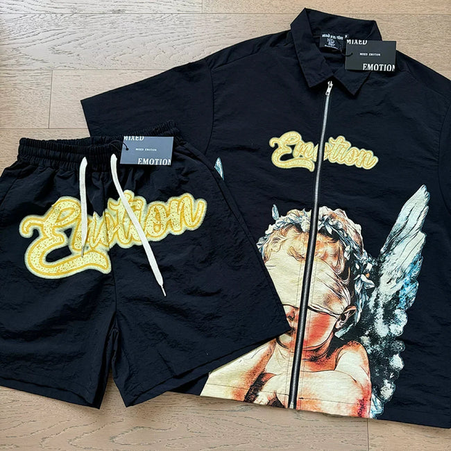 Mixed Emotion Cherub Angel Print Short‑Sleeve Zip Shirt & Shorts Set Hover Image
