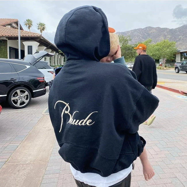 RHUDE Cursive Script Back Logo Pullover Hoodie Black Hover Image