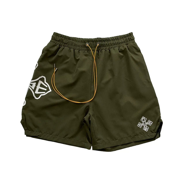 Rhude Cross Graphic Olive Green Nylon Shorts Hover Image