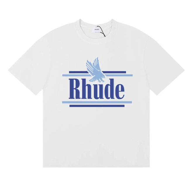 Rhude Eagle Graphic Blue Logo White Oversized T‑Shirt Hover Image