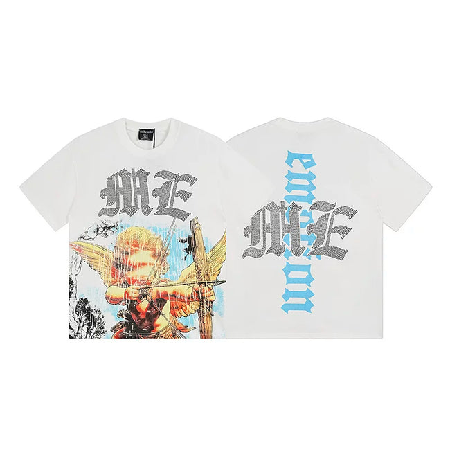 Mixed Emotion White Tee – Blue Gothic Cross Cupid Print Hover Image
