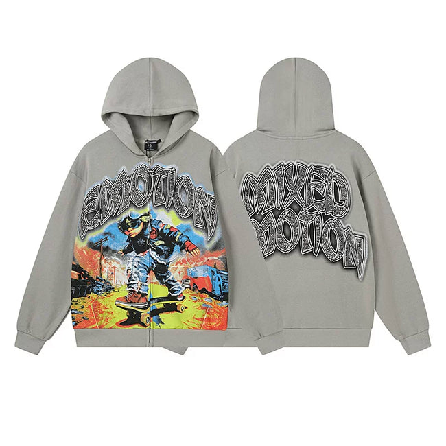 Mixed Emotion Grey Zip Hoodie – Graffiti Emotion Skateboarder Print Hover Image
