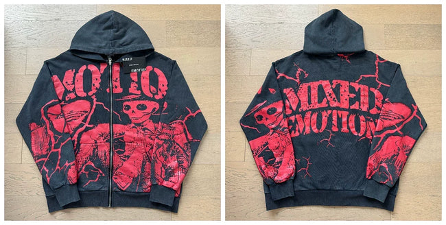 Mixed Emotion Black Zip Hoodie – Red Skull Washed Print Hover Image