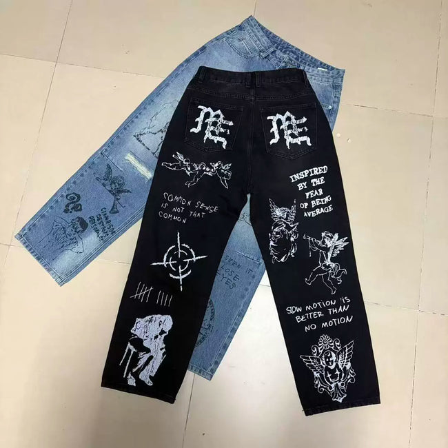 Mixed Motion Angel Sketch Print Baggy Denim Jeans Main Image